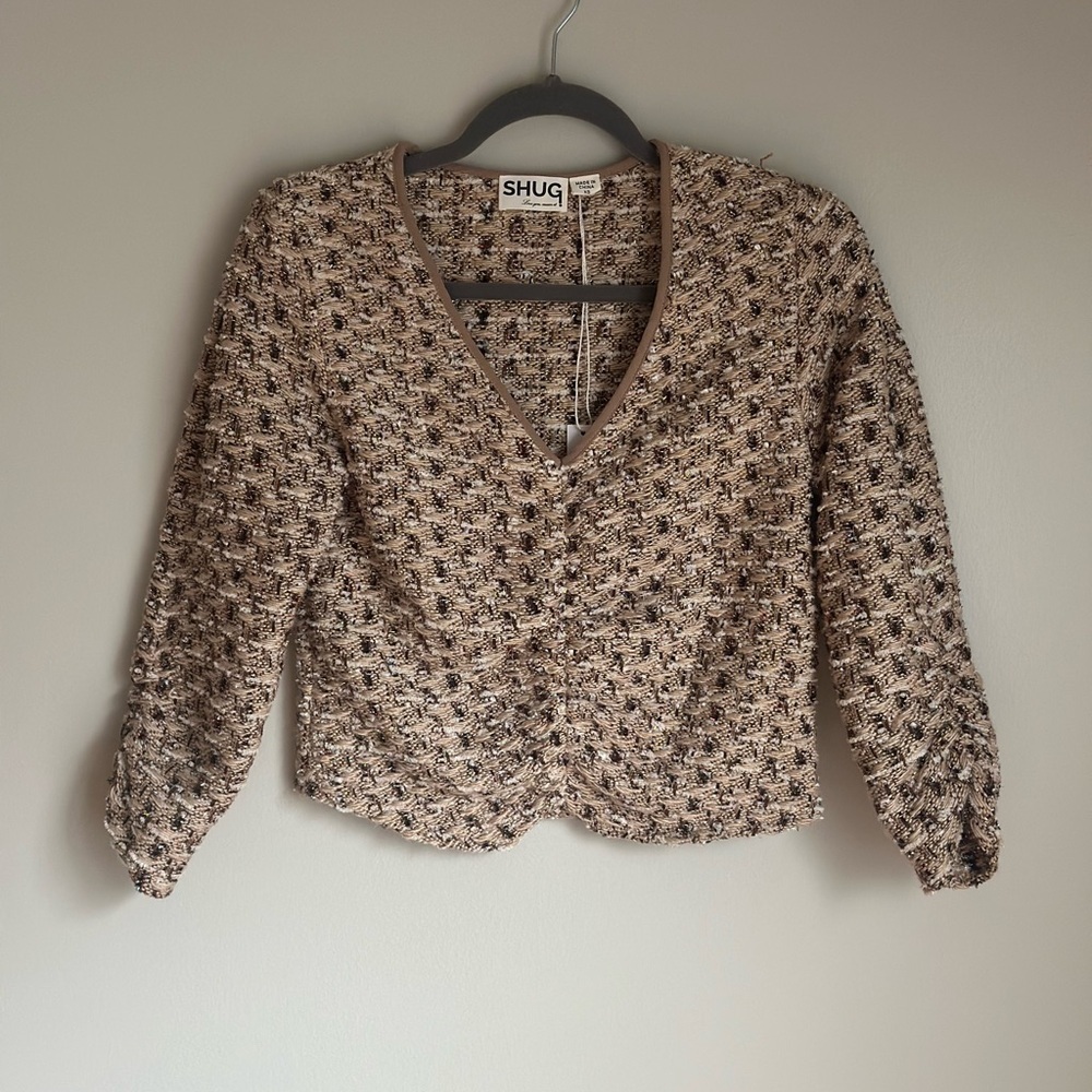 NWT SHUG Women’s Multi Tweed 3/4 Sleeve Top Beige Brown Holiday Size XS - Picture 3 of 11